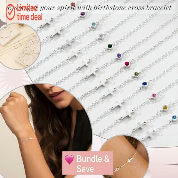 Dainty Gold Cross Bracelet with Birthstone, 6.5" + 2" Extender - Picture 7 of 8